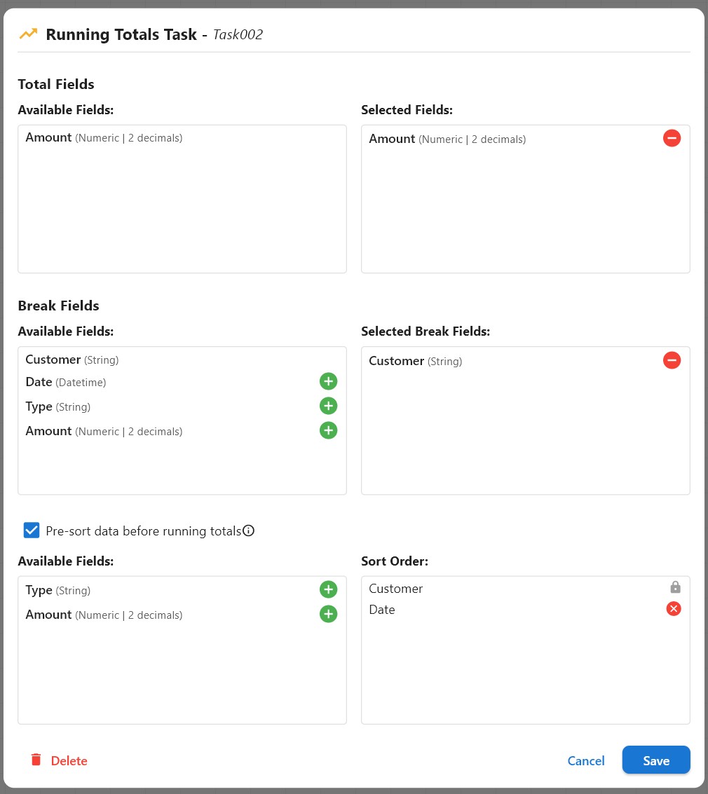 Configuring a data transformation task in Vizzi Analytics